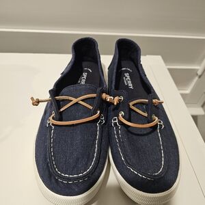 Sperry Navy Boat Shoes with Tan Laces
